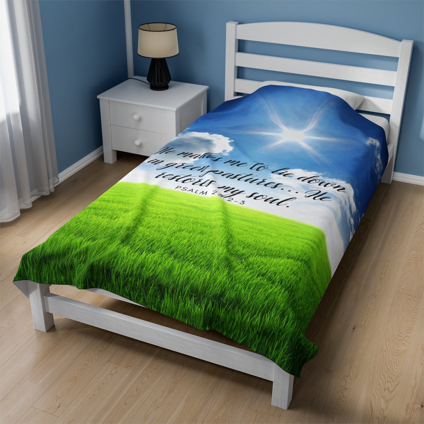 Plush Blanket - 'He makes me to lie down Psalm 23' design