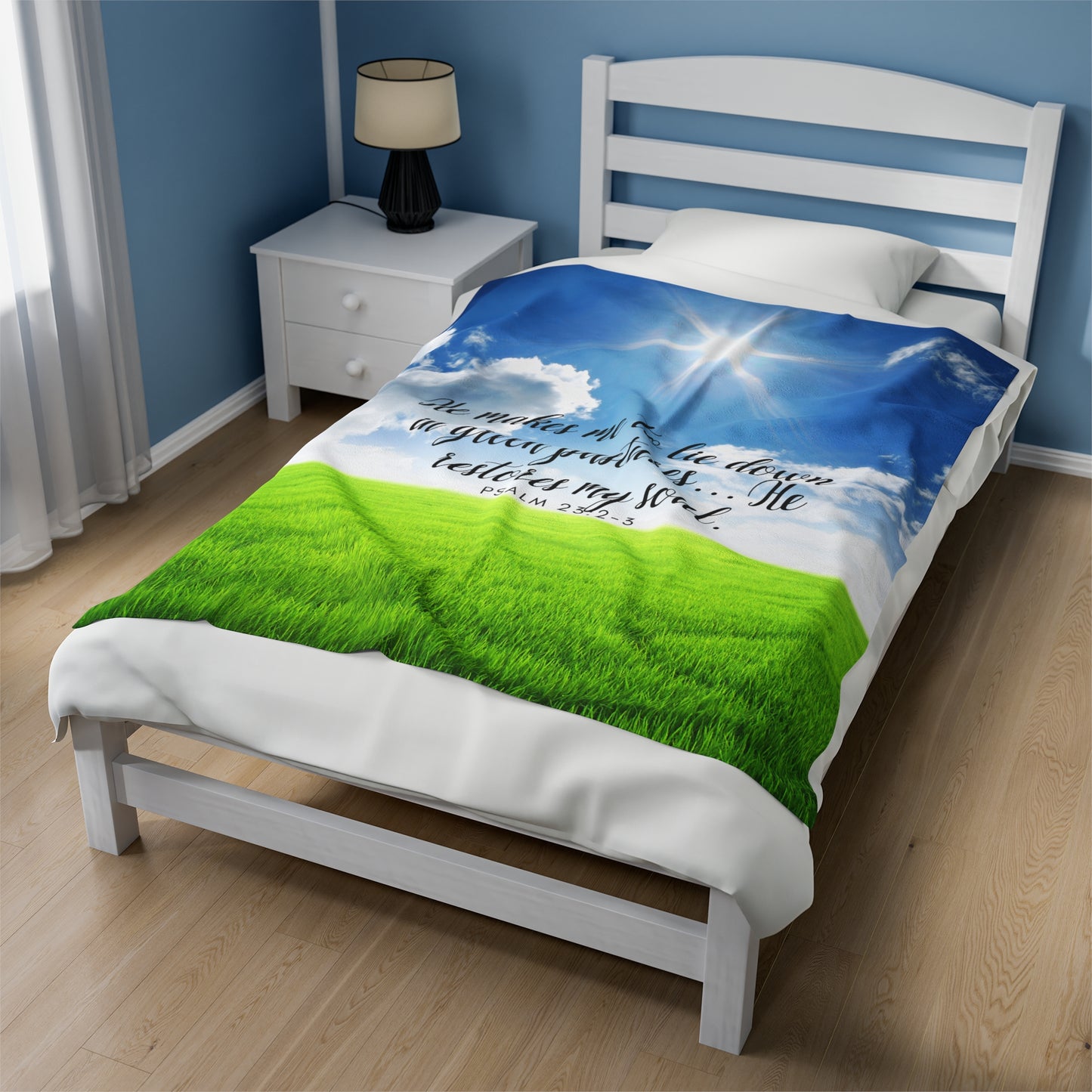 Plush Blanket - 'He makes me to lie down Psalm 23' design