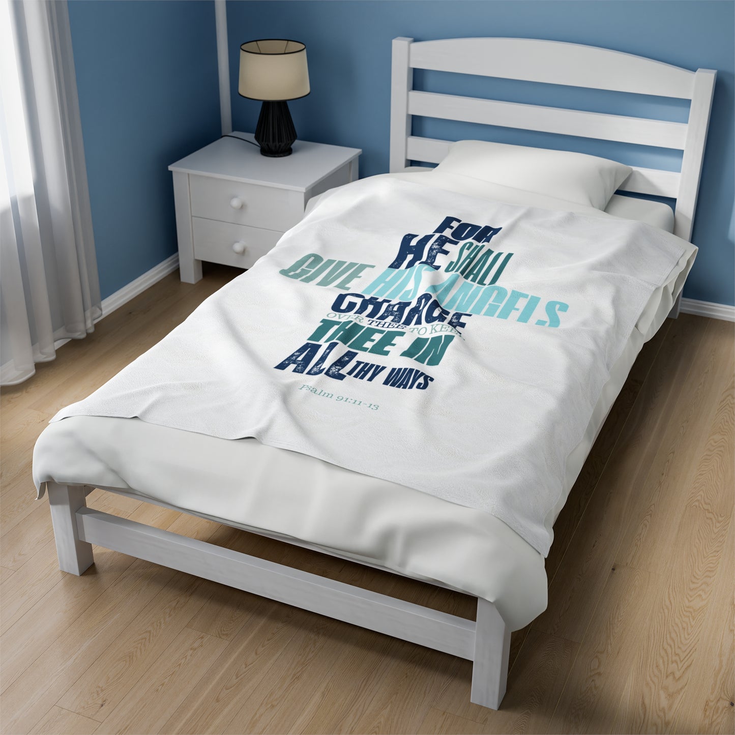 Velveteen Plush Blanket (White) He shall Give His Angels