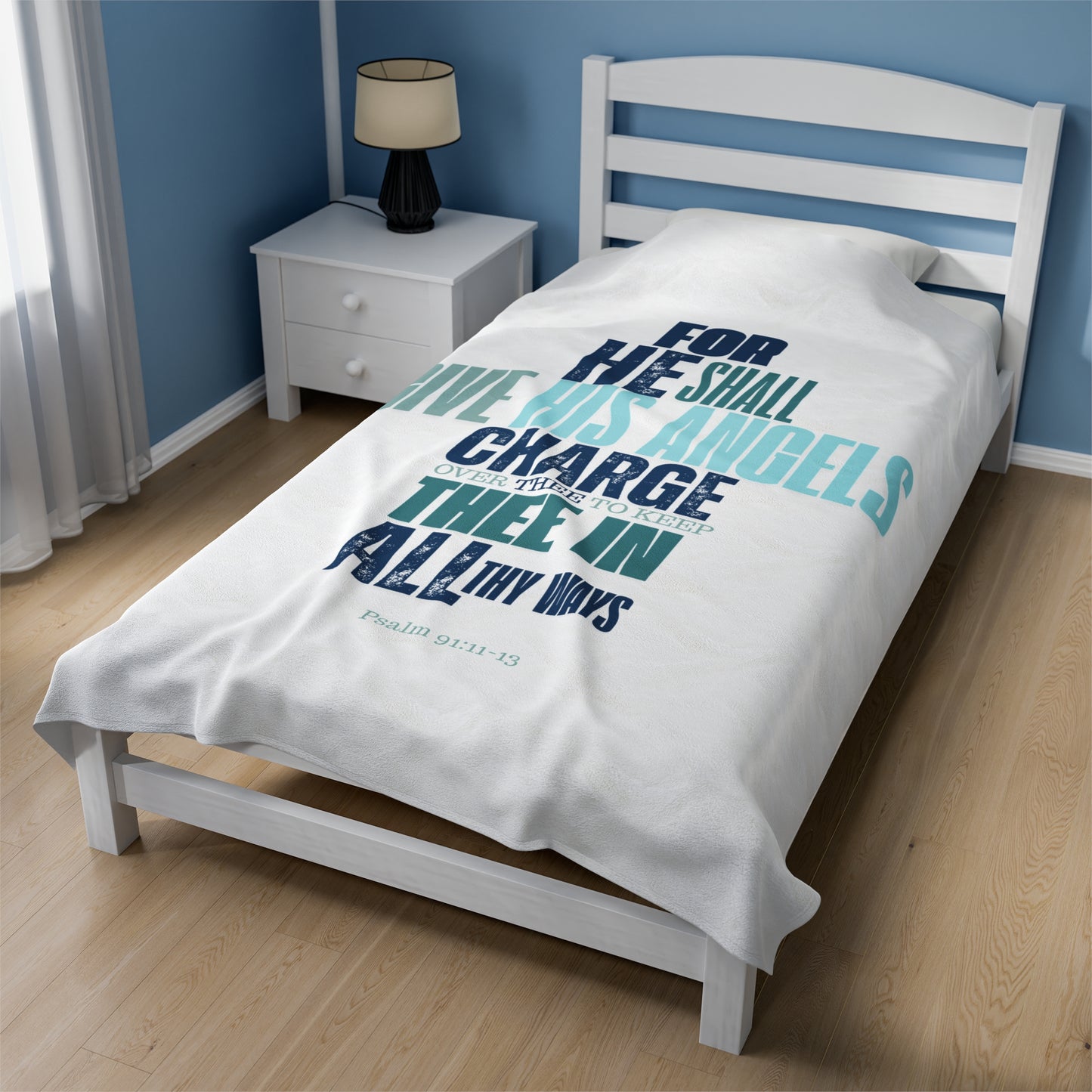 Velveteen Plush Blanket (White) He shall Give His Angels