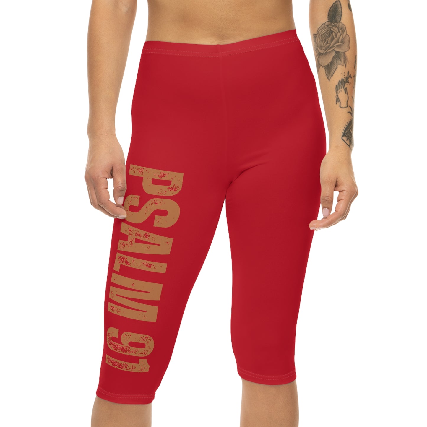 Inspirational Women's Capri Leggings - Red with 'PSALM 91' Print