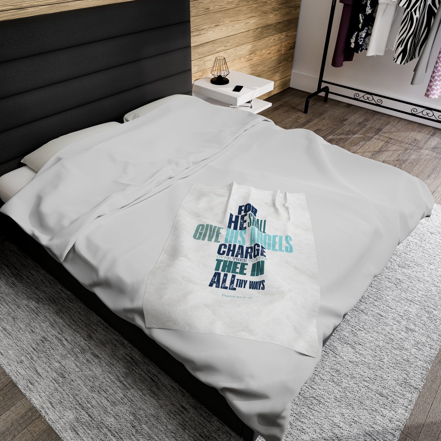 Velveteen Plush Blanket (White) He shall Give His Angels