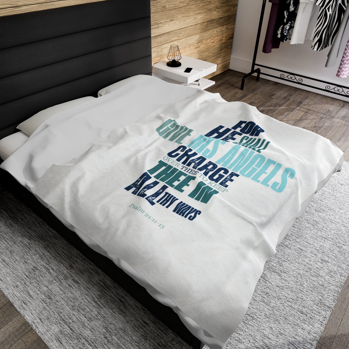 Velveteen Plush Blanket (White) He shall Give His Angels