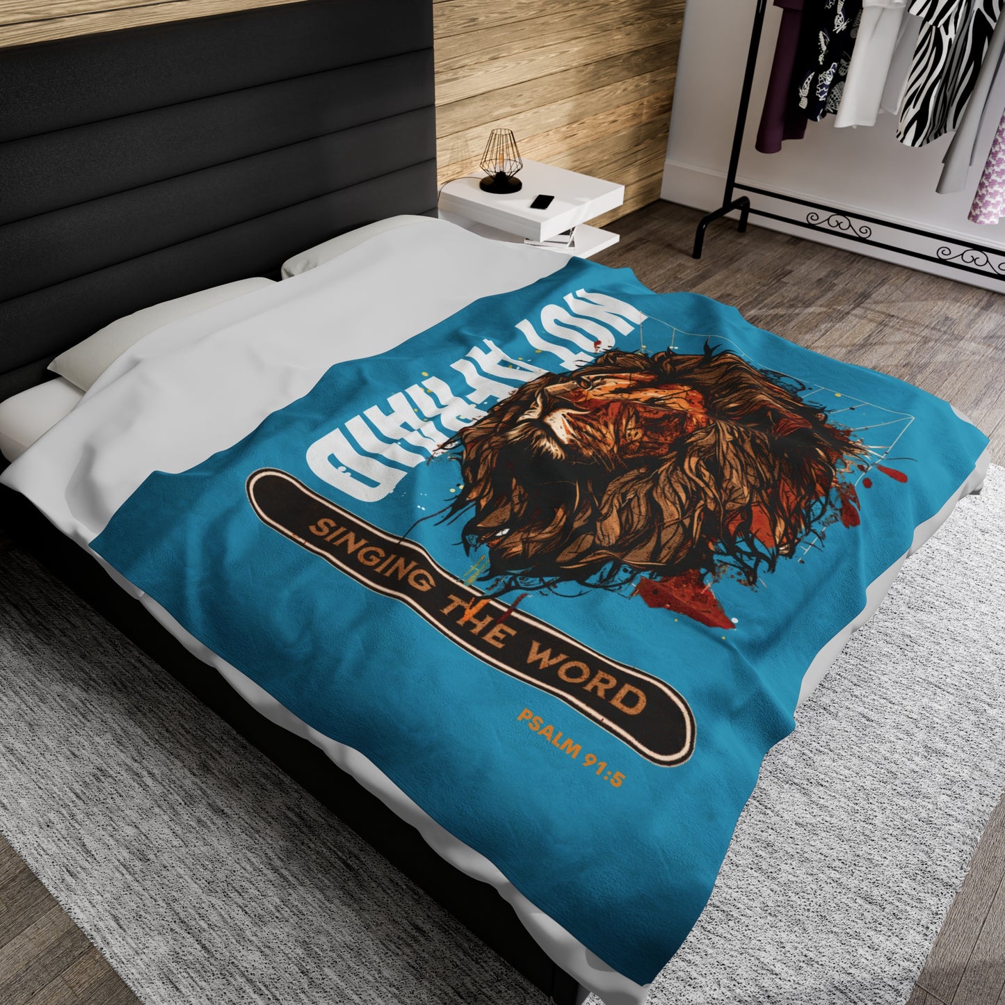 Velveteen Plush Blanket Turquoise Blue Lion