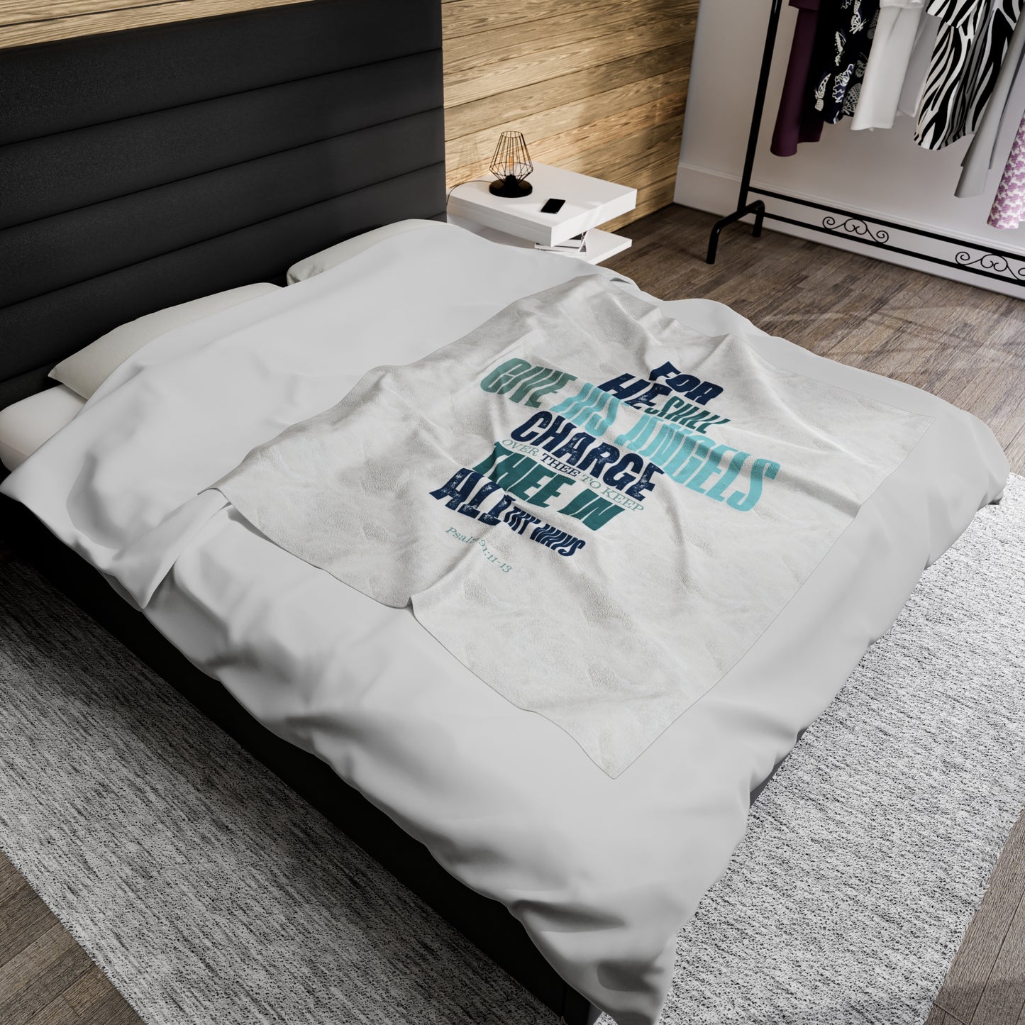 Velveteen Plush Blanket (White) He shall Give His Angels