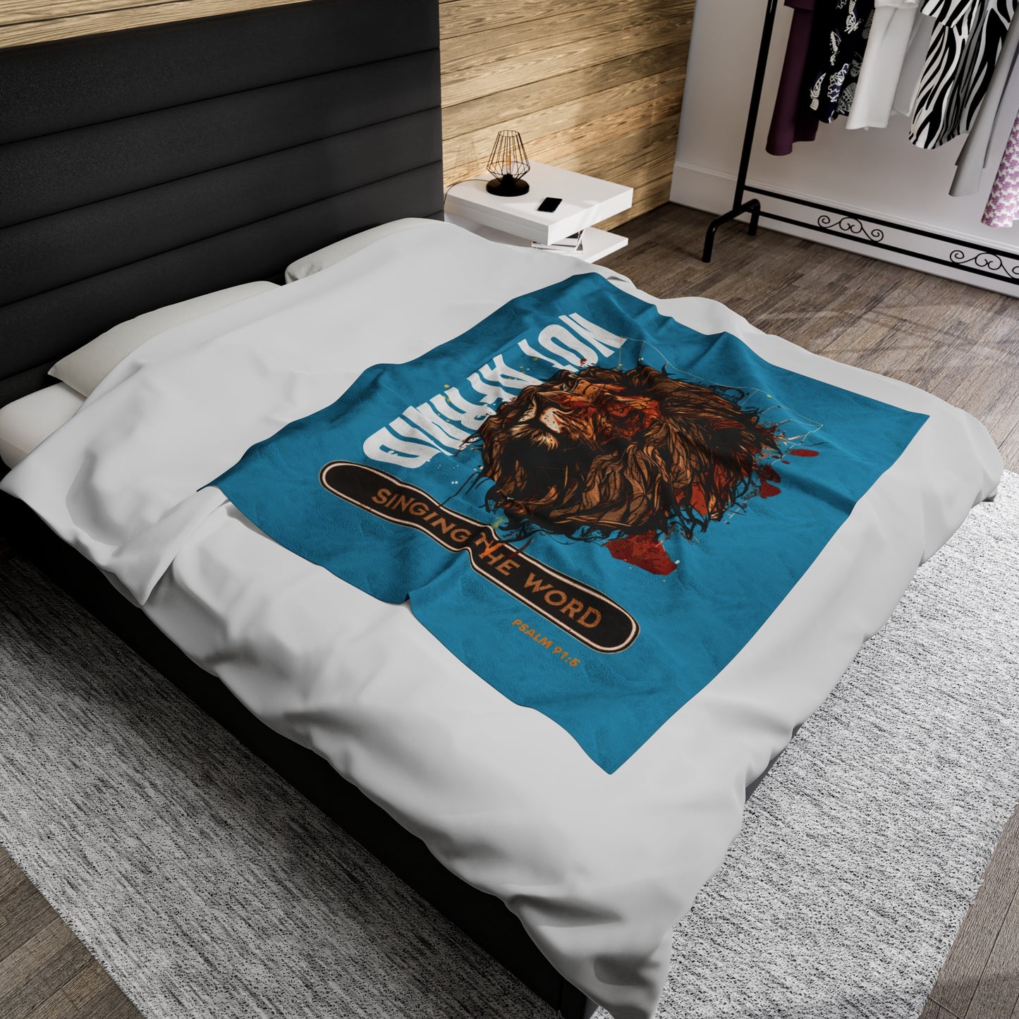 Velveteen Plush Blanket Turquoise Blue Lion
