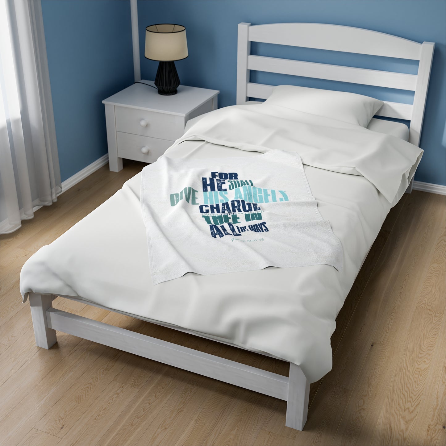 Velveteen Plush Blanket (White) He shall Give His Angels